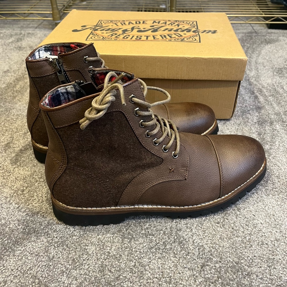 Flag & Anthem men’s brown boots with plaid lining. Brand new in box!